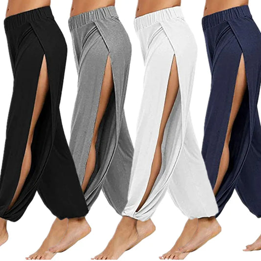 Women Fashion Yoga Pants High Waisted Slit Wide Leg Haren Pants Gym Leggings Casual Solid Hollow Workout Trousers Gym Home Wear - shabanii